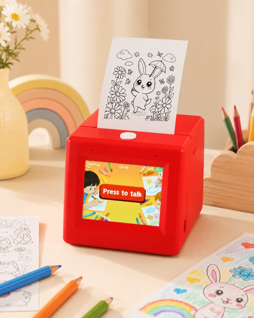 SayPop printer on a creative desk with a freshly printed bunny coloring page emerging from the top and Press to talk on the screen