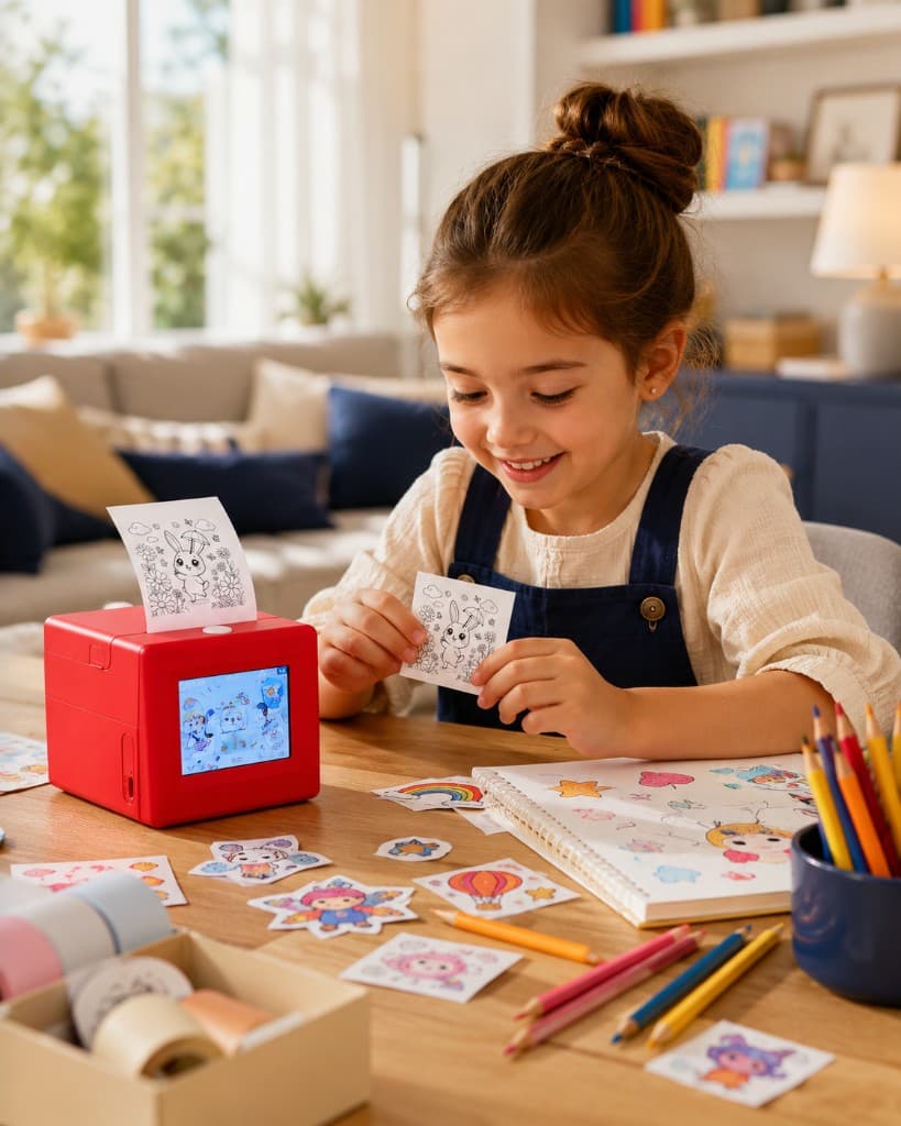 Young girl smiling at a sunlit table while holding a printed bunny sticker next to a red SayPop printer surrounded by colored stickers and pencils