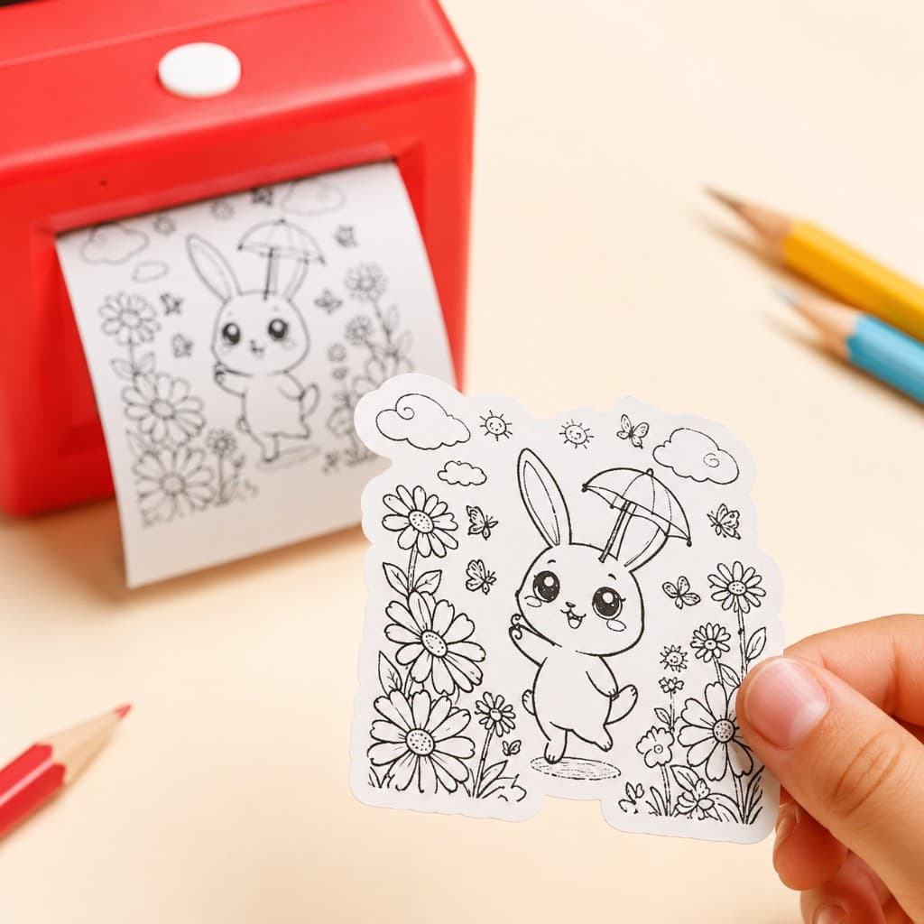 Close-up of a hand holding a die-cut bunny sticker with the red SayPop printer and markers softly blurred in the background