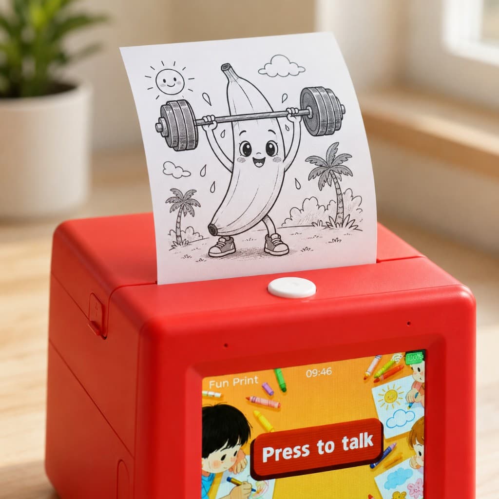 SayPop printing a coloring sticker of a banana lifting weights