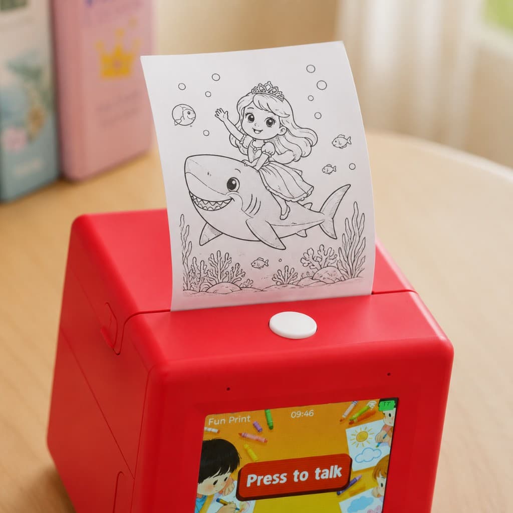 SayPop printing a coloring sticker of a princess riding a shark underwater