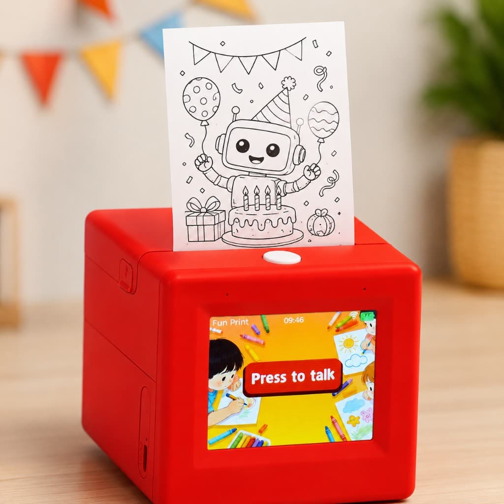SayPop printing a coloring sticker of a robot having a birthday party