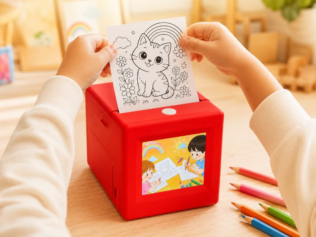 Child's hands lifting a freshly printed cat coloring page from a red SayPop printer on a wooden table