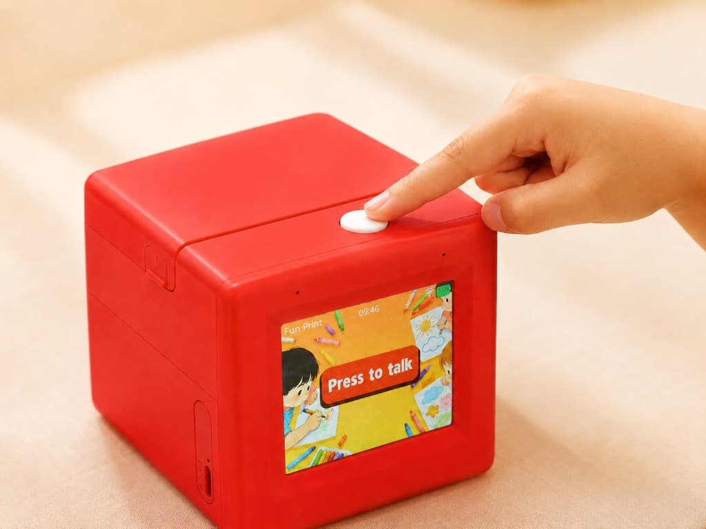Child's finger pressing the white button on top of a red SayPop cube while the screen shows Press to talk