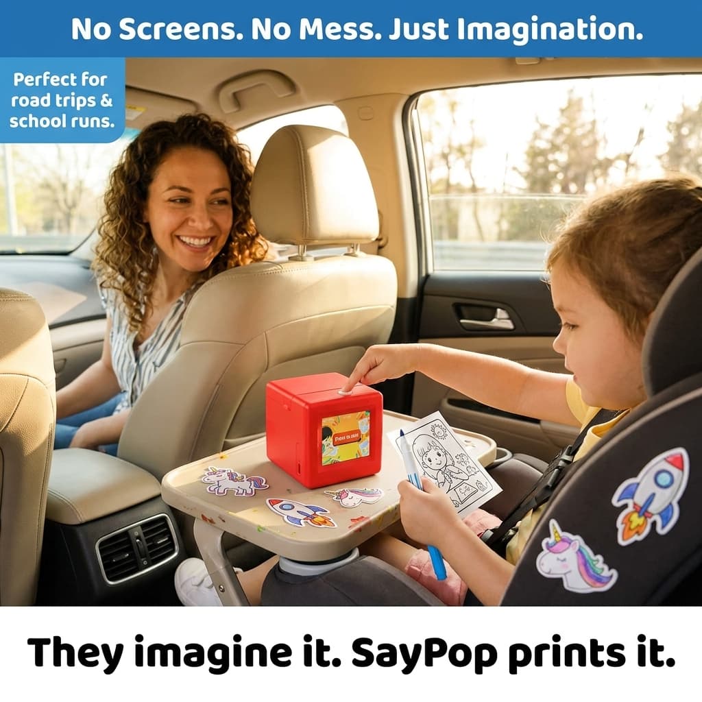 A child using a red SayPop printer on a car tray table to print stickers and coloring pages, while a smiling parent looks on. Text overlays read No Screens. No Mess. Just Imagination. and They imagine it. SayPop prints it.