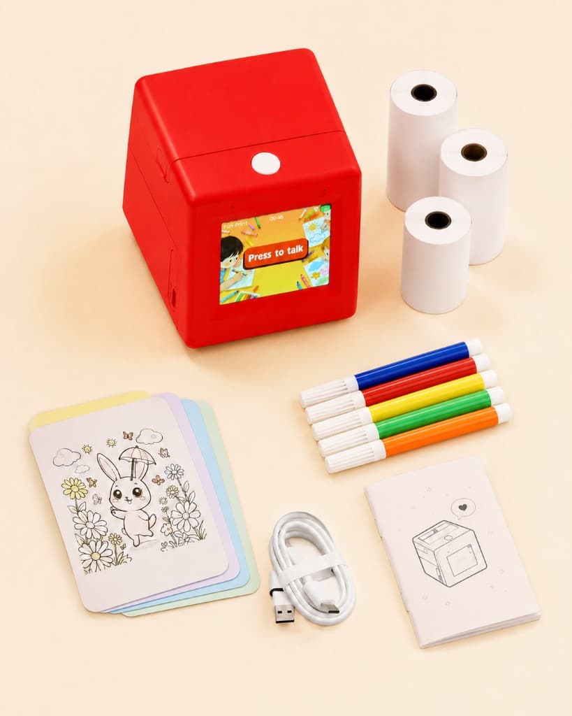 Flat-lay of the SayPop kit including the red printer, sticker paper rolls, markers, prompt cards, USB-C cable, and quick-start guide