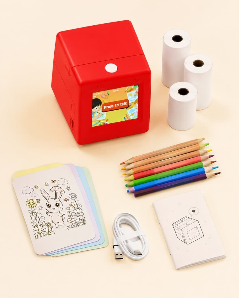 Flat-lay of the SayPop kit including the red printer, sticker paper rolls, colored pencils, prompt cards, USB-C cable, and quick-start guide